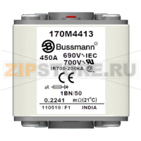 Предохранитель, 500 A, AC 690 В, size 1, 53x69x51 мм, aR, IEC UL, M8 Eaton FUSE 500A 690V 1BN/50 AR UC