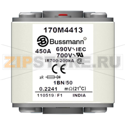 Предохранитель, 500 A, AC 690 В, size 1, 53x69x51 мм, aR, IEC UL, M8 Eaton FUSE 500A 690V 1BN/50 AR UC 