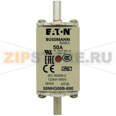Предохранитель, 50 A, AC 690 В, 120 кА, NH00, gL/gG, IEC Eaton NH FUSE 50AMP 690V gG SIZE 00 