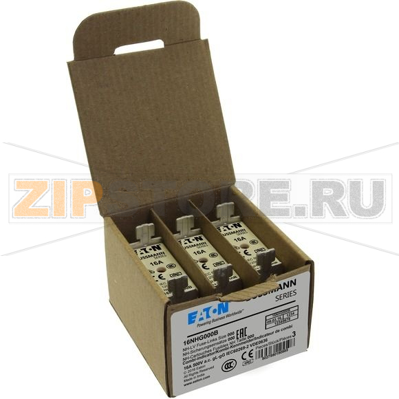 Предохранитель, 16 A, AC 500 В, 120 кА, NH000, gL/gG, IEC Eaton NH FUSE 16AMP 500V SIZE 000 GG MGL 