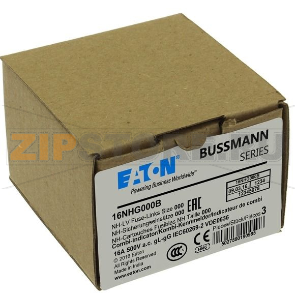 Предохранитель, 16 A, AC 500 В, 120 кА, NH000, gL/gG, IEC Eaton NH FUSE 16AMP 500V SIZE 000 GG MGL 