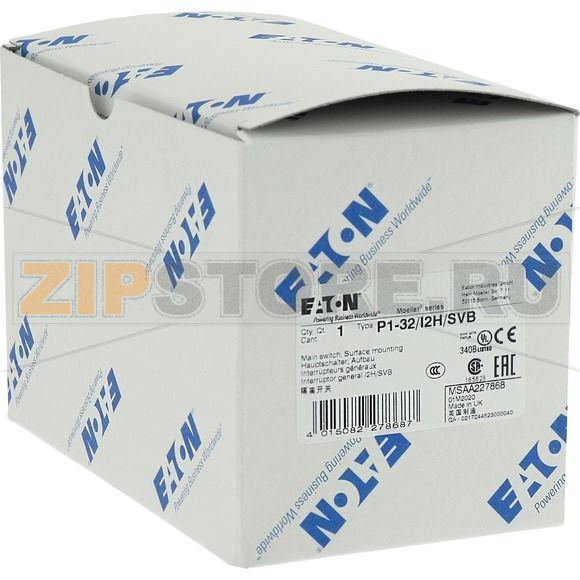 Выключатели главные, P1, 32 A, монтаж на поверхность, 3-полюсн Eaton P1-32/I2H/SVB 