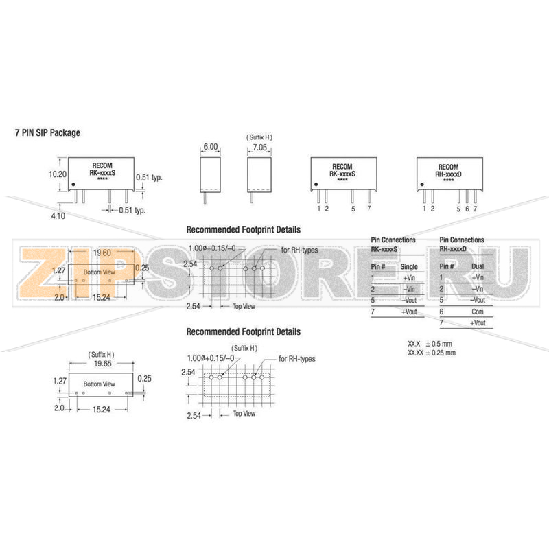 Преобразователь DC/DC, печатный монтаж, 5 В/DC, 12 В/DC, -12 В/DC, 41 mA Recom RH-0512D 