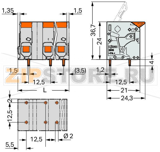 Клемма на печатную плату; рычаг; 3; Шаг контактов 12,5 мм; 7-пол.; Push-in CAGE CLAMP®; 6,00 mm; серые Wago 2606-1357 Клеммные?колодки?с?зажимами?Push-in CAGE CLAMP®,?приводимыми?в?действие?при?помощи?нажимных?кнопокЗажим одножильных проводников и тонкожильных проводников с наконечниками путем вставкиНажимные кнопки, открывающие зажим с минимальными усилиями, для простого подключения / извлечения тонкопроволочных проводниковУдобный монтаж без использования инструментовИсполнения с тестовыми разъемами и разделителями и без нихДоступны исполнения с индивидуальным внутренним объединением (заводская сборка), например, объединение с заземляющим проводом...