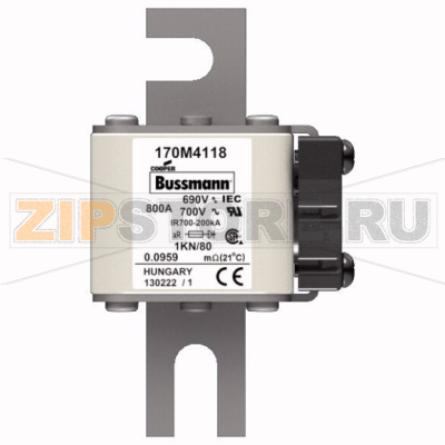 Предохранитель, 800 A, AC 690 В, 200 кА, DIN 1, 53x69x108 мм, aR, DIN, IEC Eaton FUSE 800A 690V 