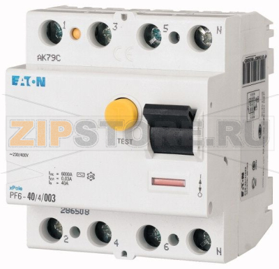 Устройство защитного отключения (УЗО), 40А, 0,03 А, 4 полюса, тип АС Eaton PF6-40/4/003 