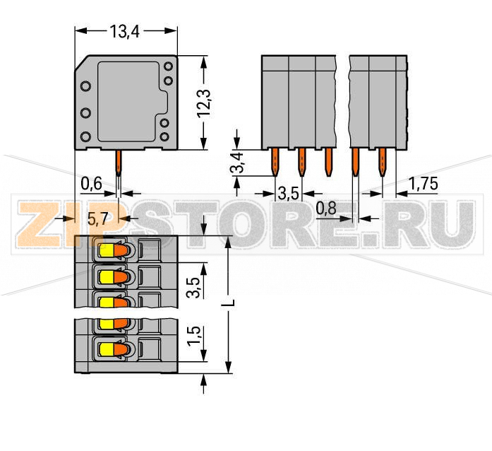 Клемма на печатную плату; 1,5; Шаг контактов 3,5 мм; 4-пол.; CAGE CLAMP®; 1,50 mm; серые Wago 739-304 Клеммные колодки с соединением CAGE CLAMP®, монтаж проводников при помощи отверткиВвод и работа проводника в вертикальном положении помогают экономить место...