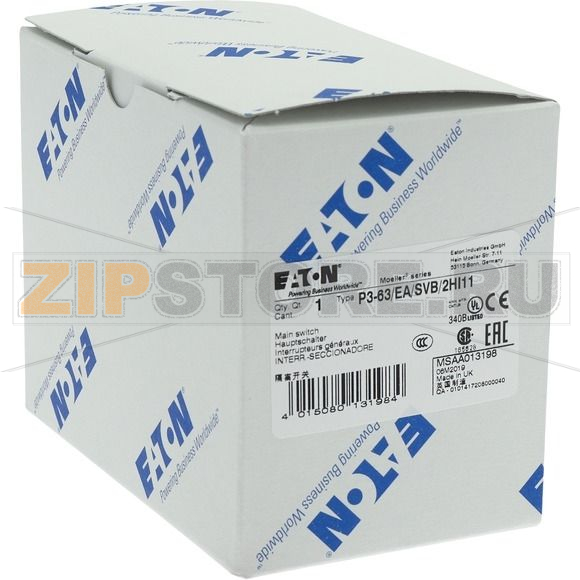 Выключатели главные, P3, 63 A, 3-полюсн., 2 замык, 2 разм контакты Eaton P3-63/EA/SVB/2HI11 