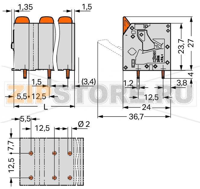 Клемма на печатную плату; рычаг; 3; Шаг контактов 12,5 мм; 7-пол.; Push-in CAGE CLAMP®; 6,00 mm; серые Wago 2606-3357 Клеммные?колодки?с?зажимами?Push-in CAGE CLAMP®,?приводимыми?в?действие?при?помощи?нажимных?кнопокЗажим одножильных проводников и тонкожильных проводников с наконечниками путем вставкиНажимные кнопки, открывающие зажим с минимальными усилиями, для простого подключения / извлечения тонкопроволочных проводниковУдобный монтаж без использования инструментовИсполнения с тестовыми разъемами и разделителями и без нихДоступны исполнения с индивидуальным внутренним объединением (заводская сборка), например, объединение с заземляющим проводом...