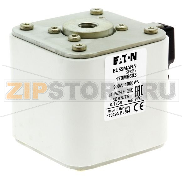 Предохранитель, 900 A, AC 1000 В, size 3, 76x92x75 мм, aR, IEC Eaton FUSE 900A 1000V 3BKN/75 AR 