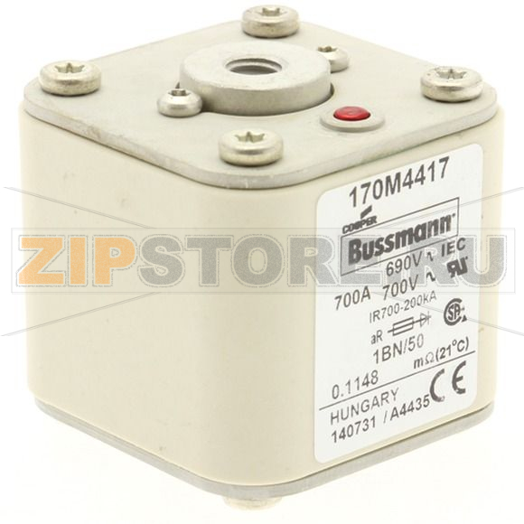 Предохранитель, 700 A, AC 690 В, size 1, 53x69x51 мм, aR, IEC UL, M8 Eaton FUSE 700A 690V 1BN/50 AR UC 