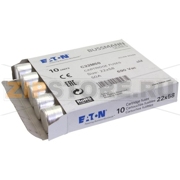 Предохранитель, 50 A, AC 690 В, 80 кА, 22x58 мм, aM, IEC Eaton CYLINDRICAL FUSE 22x58 50A AM 69 