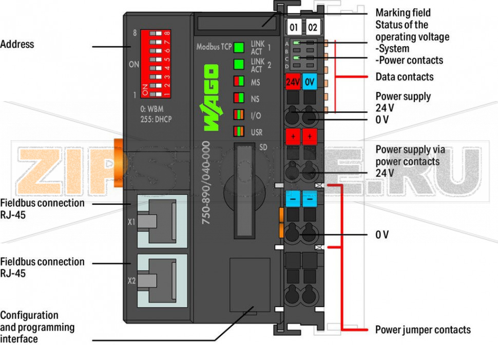 Контроллер Modbus TCP; 4-е поколение; 2 x ETHERNET, слот для карт SD; Extreme; темно-серые Wago 750-890/040-000 WAGO’s Modbus TCP Controller can be used as a programmable controller within ETHERNET networks in conjunction with the WAGO-I/O-SYSTEM.It supports all digital, analog and specialty modules found within the 750/753 Series, and is suitable for data rates of 10/100 Mbit/s.Two ETHERNET interfaces and an integrated switch allow the fieldbus to be wired in a line topology. This eliminates additional network devices, such as switches or hubs. Both interfaces support autonegotiation and Auto-MDI(X). The DIP switch configures the last byte of the IP address and may be used for IP address assignment.This controller supports Modbus TCP for use in industrial environments. It also supports a wide variety of standard ETHERNET protocols for easy integration into IT environments (HTTP(S), BootP, DHCP, DNS, SNTP, SNMP, (S)FTP). An integrated Webserver provides user configuration options, while displaying PLC status information.The IEC 61131-3 programmable controller is multitasking-capable and features a battery-backed RTC. A data memory of 8 MB is available.The controller is equipped with a removable memory card slot. A memory card can be used to transfer device parameters or files (e.g., boot files) from one controller to another. The memory card can be accessed via FTP and be used as an additional drive.The device is ideal for operation in harsh environments thanks to:Extended temperature rangeGreater immunity to impulse voltages and electromagnetic interferenceHigher vibration and shock resistance...