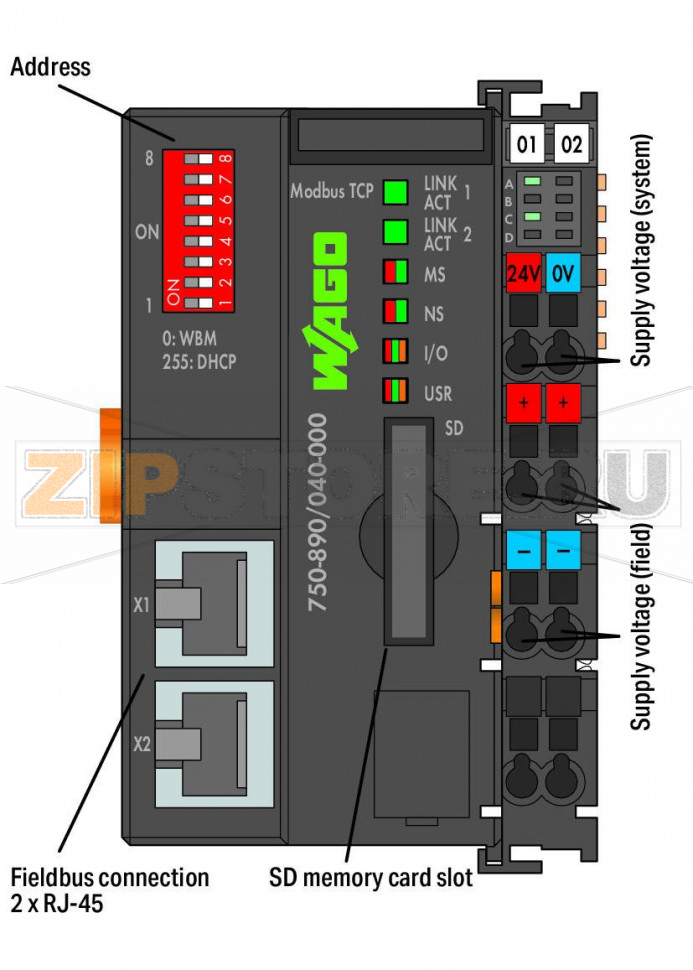 Контроллер Modbus TCP; 4-е поколение; 2 x ETHERNET, слот для карт SD; Extreme; темно-серые Wago 750-890/040-000 WAGO’s Modbus TCP Controller can be used as a programmable controller within ETHERNET networks in conjunction with the WAGO-I/O-SYSTEM.It supports all digital, analog and specialty modules found within the 750/753 Series, and is suitable for data rates of 10/100 Mbit/s.Two ETHERNET interfaces and an integrated switch allow the fieldbus to be wired in a line topology. This eliminates additional network devices, such as switches or hubs. Both interfaces support autonegotiation and Auto-MDI(X). The DIP switch configures the last byte of the IP address and may be used for IP address assignment.This controller supports Modbus TCP for use in industrial environments. It also supports a wide variety of standard ETHERNET protocols for easy integration into IT environments (HTTP(S), BootP, DHCP, DNS, SNTP, SNMP, (S)FTP). An integrated Webserver provides user configuration options, while displaying PLC status information.The IEC 61131-3 programmable controller is multitasking-capable and features a battery-backed RTC. A data memory of 8 MB is available.The controller is equipped with a removable memory card slot. A memory card can be used to transfer device parameters or files (e.g., boot files) from one controller to another. The memory card can be accessed via FTP and be used as an additional drive.The device is ideal for operation in harsh environments thanks to:Extended temperature rangeGreater immunity to impulse voltages and electromagnetic interferenceHigher vibration and shock resistance...