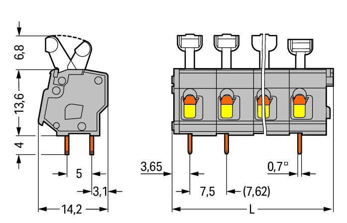 PCB terminal block; push-button; 2.5 mm; Pin spacing 7.5/7.62 mm; 2-pole; suitable for Ex-e applications; CAGE CLAMP®; commoning option; 2,50 mm; light gray Wago 257-502/000-009/999-950 Клеммные колодки с зажимами CAGE CLAMP®, монтаж с помощью нажимных кнопокУстановите шаг контактов в мм или дюймах либо сжав клеммные колодки плотнее, либо разделяя ихИдеальны для монтажа в полевых условиях благодаря простоте использования при помощи нажимных кнопокУдобный монтаж без использования инструментов...