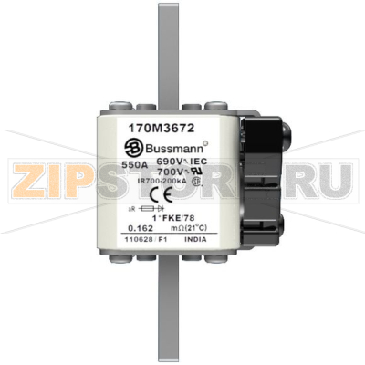 Предохранитель, 550 A, AC 690 В, 200 кА, size 1, 45x59x110 мм, aR, IEC UL Eaton FUSE 550A 690V 
