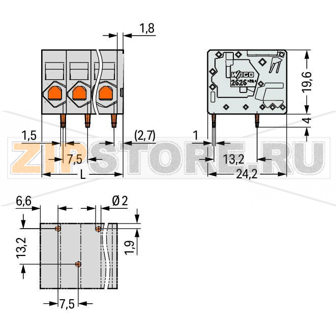 Клемма на печатную плату; 3; Шаг контактов 7,5 мм; 8-пол.; Push-in CAGE CLAMP®; 6,00 mm; серые Wago 2626-1108/020-000 Клеммные?колодки?с?зажимами?Push-in CAGE CLAMP®,?приводимыми?в?действие?при?помощи?нажимных?кнопокЗажим одножильных проводников и тонкожильных проводников с наконечниками путем вставкиНажимные кнопки, открывающие зажим с минимальными усилиями, для простого подключения / извлечения тонкопроволочных проводниковУдобный монтаж без использования инструментовИсполнения с тестовыми разъемами и разделителями и без нихДоступны исполнения с индивидуальным внутренним объединением (заводская сборка), например, объединение с заземляющим проводом...