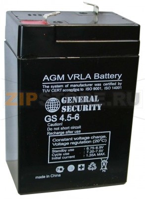 General Security 6-4,5 Аккумулятор GS 6-4,5 Характеристики: Напряжение - 6 В; Емкость - 4,5 Ач; Габариты: длинна 70мм, ширина 47 мм, высота 105 мм, вес: 0,76 кг
