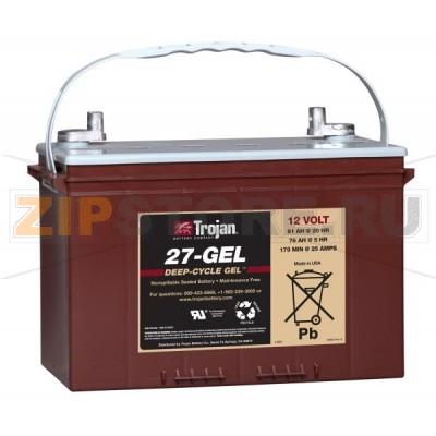 Trojan 27-GEL Тяговый гелевый аккумулятор Троян 27-GEL Характеристики: Напряжение - 12 В; Емкость: 76 Ач при С5, 91 Ач при С20, 100 Ач при С100 Тип: тяговый АКБ Технология: VRLA GEL