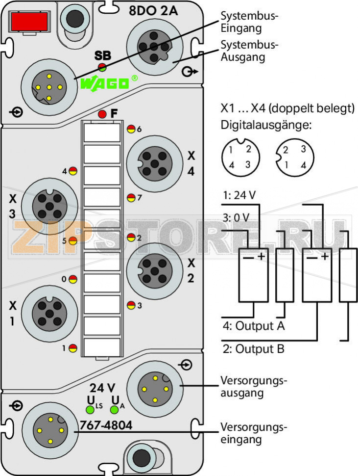 767 Series  I/O System 8-канальный дискретный выход; тока; 2,0 А; 4 x M12, два выхода на соединитель; светло-серые Wago 767-4804 Краткое описание:Дискретный модуль вывода для управления исполнительными механизмами (например, магнитными клапанами, контакторами постоянного тока, индикаторами).Характеристики:- 8 дискретных выходов, 24 В пост. тока, 2,0 А- Возможность диагностики (для каждого канала)- Возможность параметризации (инверсия, стратегия подстановки значения, подстановочное значение, ручной режим, имитация и диагностика в реальном времени)Комплект поставки:Маркировочная карточка WMB для модуля, красная (1 шт.)Маркировочные полоски (1 шт.)Защитные крышки M8 (2 шт.)...