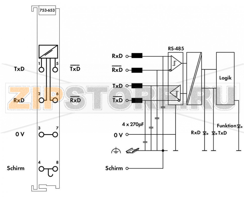 Интерфейс RS-485; 9600 бод; N'; 8/1 бит; светло-серые Wago 753-653 