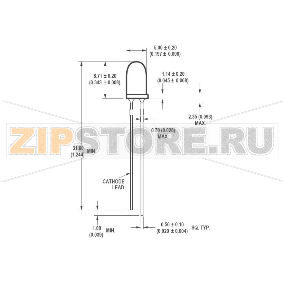 Светодиод круглый 7200 мкд, синий, 5 мм, 23°, 20 мА, 3.2 В Avago Technologies HLMP-CB2B-ВW0DD 