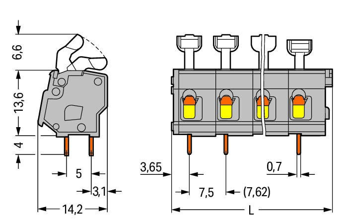 PCB terminal block; push-button; 2.5 mm; Pin spacing 7.5/7.62 mm; 24-pole; suitable for Ex-e applications; CAGE CLAMP®; commoning option; 2,50 mm; light gray Wago 257-574/000-009/999-950 Клеммные колодки с зажимами CAGE CLAMP®, монтаж с помощью нажимных кнопокУстановите шаг контактов в мм или дюймах либо сжав клеммные колодки плотнее, либо разделяя ихИдеальны для монтажа в полевых условиях благодаря простоте использования при помощи нажимных кнопокУдобный монтаж без использования инструментов...