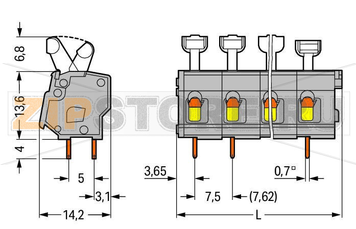 PCB terminal block; push-button; 2.5 mm; Pin spacing 7.5/7.62 mm; 3-pole; suitable for Ex-e applications; CAGE CLAMP®; commoning option; 2,50 mm; light gray Wago 257-503/000-009/999-950 Клеммные колодки с зажимами CAGE CLAMP®, монтаж с помощью нажимных кнопокУстановите шаг контактов в мм или дюймах либо сжав клеммные колодки плотнее, либо разделяя ихИдеальны для монтажа в полевых условиях благодаря простоте использования при помощи нажимных кнопокУдобный монтаж без использования инструментов...