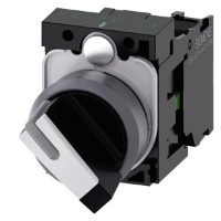 ПОВОРОТНЫЙ ПЕРЕКЛЮЧАТЕЛЬ С ВОЗМОЖНОСТЬЮ ПОДСВЕТКИ, 22MM, КРУГЛЫЙ, ПЛАСТИК С МЕТАЛЛИЧЕСКИМ ФРОНТАЛЬНЫМ КОЛЬЦОМ, КОРОТКАЯ ЧЁРНАЯ РУКОЯТКА С БЕЛОЙ ВСТАВКОЙ, 2 КОММУТАЦИОННЫХ ПОЛОЖЕНИЯ O-I, С ФИКСАЦИЕЙ, УГОЛ ПЕРЕКЛЮЧЕНИЯ 90 ГРАД., 10:30Ч/13:30Ч, С ДЕРЖАТЕЛЕМ,