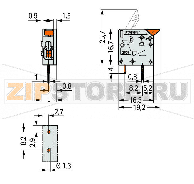 Клемма на печатную плату; рычаг; 4 mm; Шаг контактов 5 мм; 1-пол.; Push-in CAGE CLAMP®; 4,00 mm; серые Wago 2604-1101 PCB terminal blocks with lever-actuated Push-in CAGE CLAMP® connectionPush-in termination of solid and ferruled conductorsIntuitive and tool-free operationSeveral clamping units can be held open simultaneously – convenient for terminating multi-core cablesTesting can be performed both parallel and perpendicular to conductor entry...