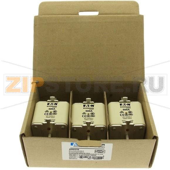Предохранитель, 500 A, AC 500 В, 120 кА, NH3, gL/gG, IEC Eaton NH FUSE 500A 500V GG/GL SIZE 3 