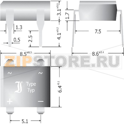 Мост диодный 1 А, 1000 В, кремниевый, однофазный, корпус: DIL-4 Diotec B500D 
