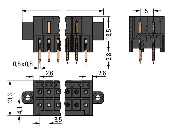 MCS MINI HD Вилка THT, 2-рядн.; 0.8 x 0.8 mm solder pin; прямые; 100% защита от неправильного подсоединения; Резьбовой фланец; Шаг контактов 3,5 мм; 2 x 3-полюсов; черные Wago 713-1403/107-000 Корпус вилок отливается из изоляционного материала, пригодного для пайки оплавлением припоя без использования свинцаРазделенные разъемы выводов предотвращают повреждения и обеспечивают вилкам защиту от касания в неподсоединенном состоянии100% защита от неправильного подсоединенияВозможны варианты кодировки...