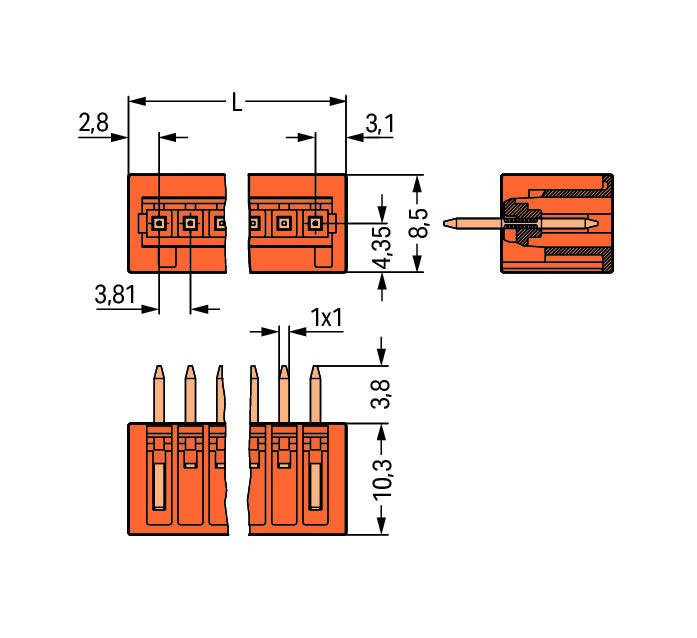 MCS MINI Вилка THT; 1.0 x 1.0 mm solder pin; прямые; 100% защита от неправильного подсоединения; Шаг контактов 3,81 мм; 3-пол.; оранжевые Wago 734-233/046-000 Сечение контактов 1 x 1 мм позволяет проводить ток до 10 A100% защита от неправильного подсоединенияВозможны варианты кодировки...