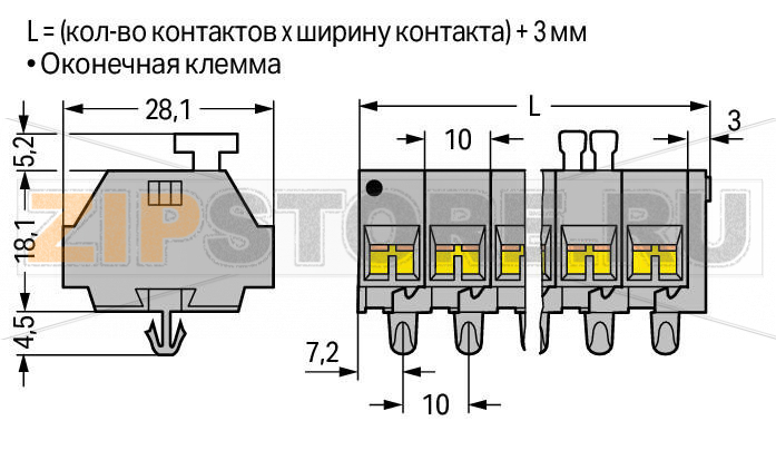 4-conductor terminal strip; 9-pole; on one side with push-buttons; with snap-in mounting feet; for plate thickness 0.6 - 1.2 mm; Fixing hole 3.5 mm O; 2.5 mm; CAGE CLAMP®; 2,50 mm; gray Wago 261-259/332-000 
