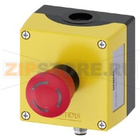 Enclosure for command devices, 22 mm, round, enclosure material plastic, enclosure top part yellow, 1 control point plastic, A=EMERGENCY STOP mushroom pushbutton red, 40 mm, rotate-to-unlatch, illuminated, 2x 1 NC, LED white 24 V, spring-type terminal, fl