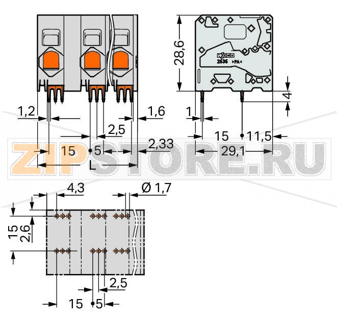 Клемма на печатную плату; 16 мм; Шаг контактов 15 мм; 7-пол.; Push-in CAGE CLAMP®; 16,00 mm; серые Wago 2636-1357 Клеммные?колодки?с?зажимами?Push-in CAGE CLAMP®,?приводимыми?в?действие?при?помощи?нажимных?кнопокЗажим одножильных проводников и тонкожильных проводников с наконечниками путем вставкиНажимные кнопки, открывающие зажим с минимальными усилиями, для простого подключения / извлечения тонкопроволочных проводниковУдобный монтаж без использования инструментовИсполнения с тестовыми разъемами и разделителями и без нихДоступны исполнения с индивидуальным внутренним объединением (заводская сборка), например, объединение с заземляющим проводом...