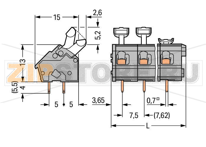 PCB terminal block; push-button; 2.5 mm; Pin spacing 7.5/7.62 mm; 5-pole; suitable for Ex-e applications; CAGE CLAMP®; commoning option; 2,50 mm; light gray Wago 256-505/332-009/999-950 Клеммные колодки с зажимами CAGE CLAMP®, монтаж с помощью нажимных кнопокУстановите шаг контактов в мм или дюймах либо сжав клеммные колодки плотнее, либо разделяя ихИдеальны для монтажа в полевых условиях благодаря простоте использования при помощи нажимных кнопокУдобный монтаж без использования инструментов...