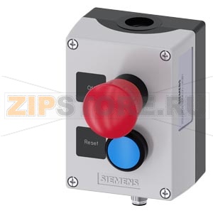 Enclosure for command devices, 22 mm, round, enclosure material plastic, enclosure top part gray, 2 control points plastic, B=Emergency stop mushroom pushbutton red, 40 mm, rotate-to-unlatch, 2x 1 NC, black label &quot;Off&quot;, A=pushbutton, blue, 1 NO, black lab 