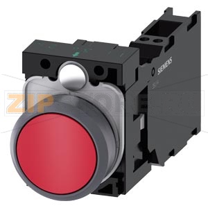 Кнопочный выключатель, 22 мм, кругл., пластмасса с металлическим фронтальным кольцом, цвет: красный, кнопка, плоск., нажатием на кнопку, с держателем 1 НО + 1 НЗ, пружинная клемма Siemens 3SU1130-0AB20-3FA0 