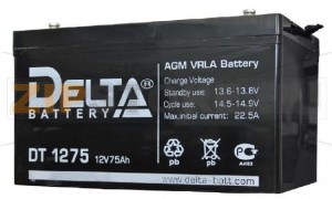 Delta DT 1275 Свинцово-кислотный аккумулятор Delta DT 1275 (характеристики): Напряжение - 12В; Емкость - 75Ач; Габариты: 260 мм x 169 мм x 211 мм, Вес: 25,2 кгТехнология аккумулятора: AGM VRLA Battery