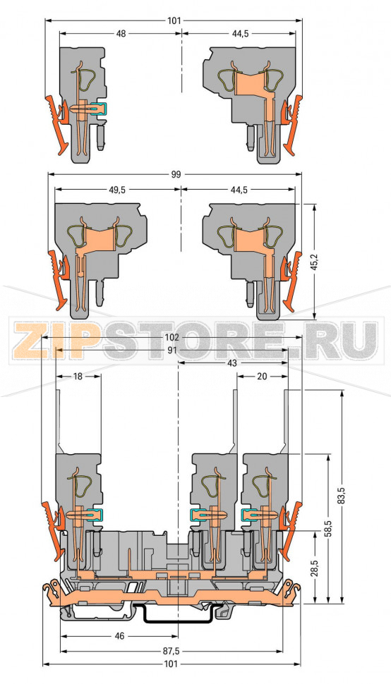 4-контактные базовые клеммы; с контактом для экрана; для DIN-рейки 35 x 15 и 35 x 7,5; серые Wago 769-201 