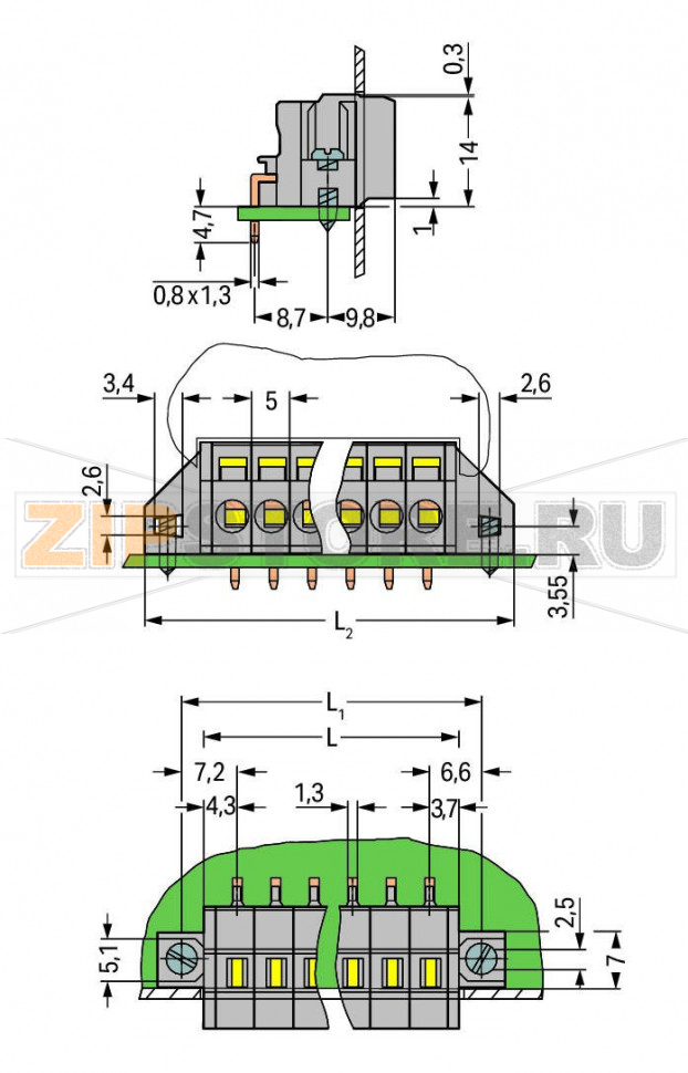 Клемма на печатную плату; 2,5 мм; Шаг контактов 5 мм; 10-пол.; CAGE CLAMP®; зажимное кольцо; 2,50 mm; серые Wago 231-610/017-000 Клеммы для сквозного монтажа с зажимом CAGE CLAMP®, приводимым в действие при помощи отверткиФиксирующие фланцы для монтажа на печатную плату или на переднюю панель – может либо быть скрытым в корпусе, либо выступатьИсполнения с фиксирующими фланцами доступны по требованию заказчика...