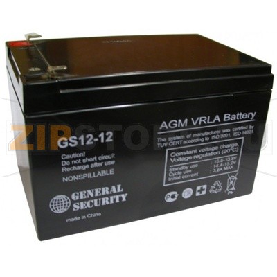 General Security 12-12 Аккумулятор GS 12-12 Характеристики: Напряжение - 12 В; Емкость - 12 Ач; Габариты: длинна 151мм, ширина 99 мм, высота 100 мм, вес: 4 кг