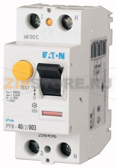 Устройство защитного отключения (УЗО), 40А, 0,5 А, 2 полюса, тип АС Eaton PF6-40/2/01 