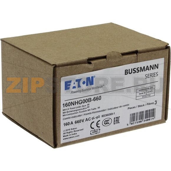 Предохранитель, 160 A, AC 660 В, 50 кА, NH00, gL/gG, IEC Eaton NH FUSE 160A 660V GL/GG SIZE 00 DUAL 