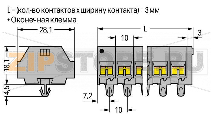 4-проводная клеммная колодка; 10-пол.; без кнопок; с защелкивающимися монтажными ножками; для толщины пластины 0,6 - 1,2 мм; Крепежное отверстие 3,5 мм O; 2,5 мм; CAGE CLAMP®; 2,50 mm; серые Wago 261-260 