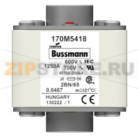 Предохранитель, 1250 A, AC 600 В, 200 кА, size 2, 61x77x65 мм, aR, IEC UL Eaton FUSE 1250A 600