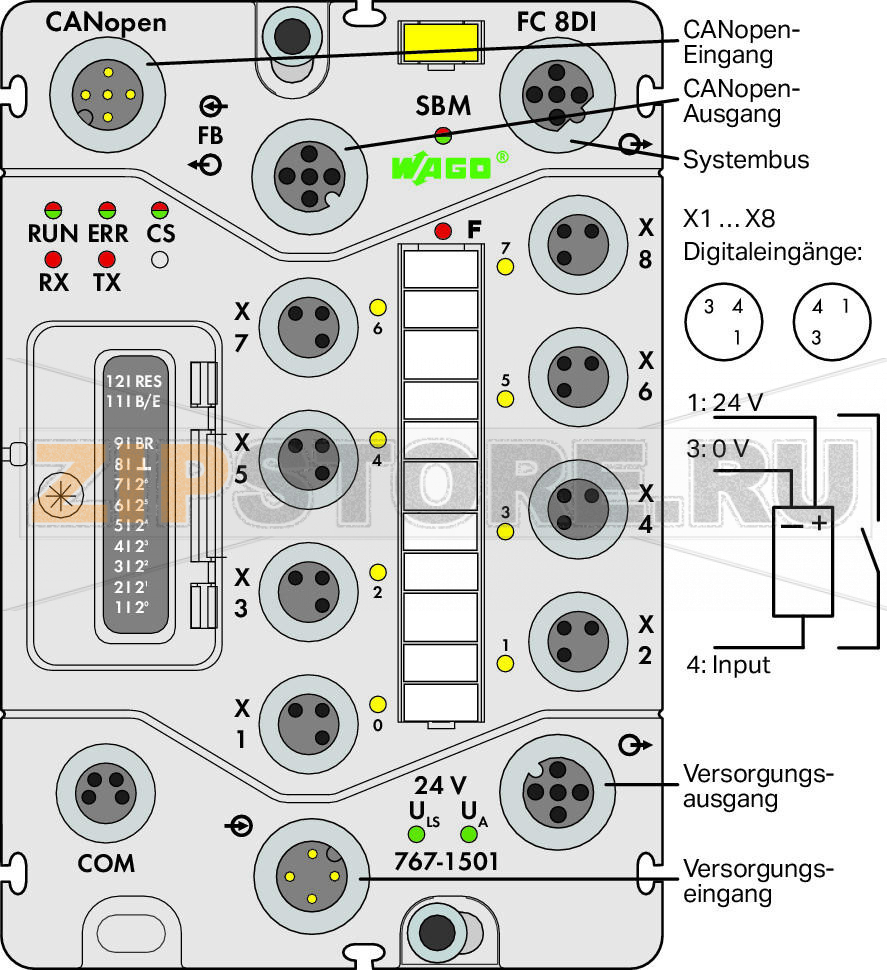 767 Series  I/O System Каплер полевой шины CANopen®; 8-канальный дискретный вход 24 В пост. тока Wago 767-1501 Краткое описание:CANopen представляет собой промышленный протокол полевой шины, построенный на основе системы локальной сети контроллеров (Controller Area Network, CAN). CANopen подключает систему WAGO SPEEDWAY 767 в качестве подчиненного устройство к управляющему устройству.Данные передаются с помощью PDO и SDO. При инициализации шинный каплер определяет модульную структуру станции и создает образ процесса всех входов и выходов. Образ процесса разделен на две зоны данных, в которых содержатся принятые данные и данные для отправки. Данные процесса доступны абонентам шины через каталог объектов.Характеристики:- Включает 8 дискретных входов, 24 В пост. тока- Модульность и расширяемость до 64 модулей ввода-вывода (через подключение к системной шине)- Интерфейс USB для проведения технического обслуживания- Параметризация с помощью FDT/DTM (включая диагностику и имитацию) - Защищенная панель управления (рабочий режим и переключатель адреса)Комплект поставки:Маркировочная карточка WMB для модуля, желтая (1 шт.)Маркировочные полоски для каналов (1 шт.)Защитные крышки M8 (2 шт.)...