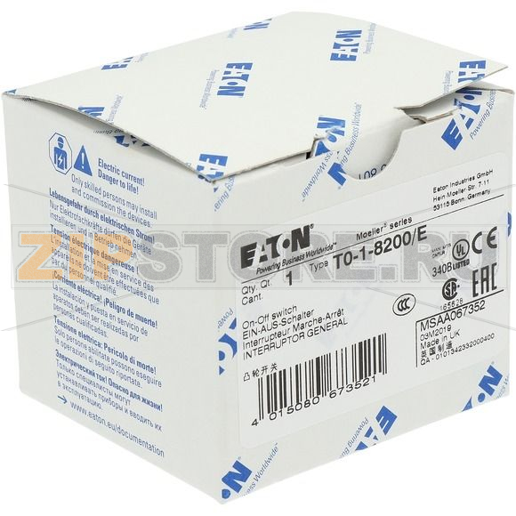 Переключатель вкл/выкл, 1-полюсный, 20 A, 90°, монтаж Eaton T0-1-8200/E 